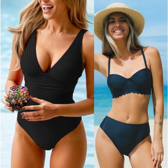 NWT Cupshe Ginger Ribbed One Piece Swimsuit & Scalloped Bralette Bikini BUNDLE S - Picture 1 of 7